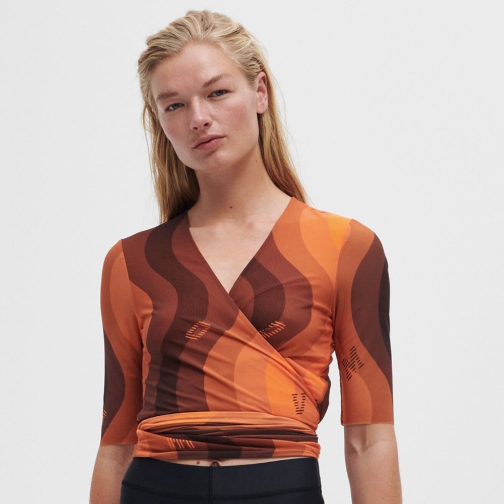 Ganni Printed Mesh Wrap Blouse in orange peel